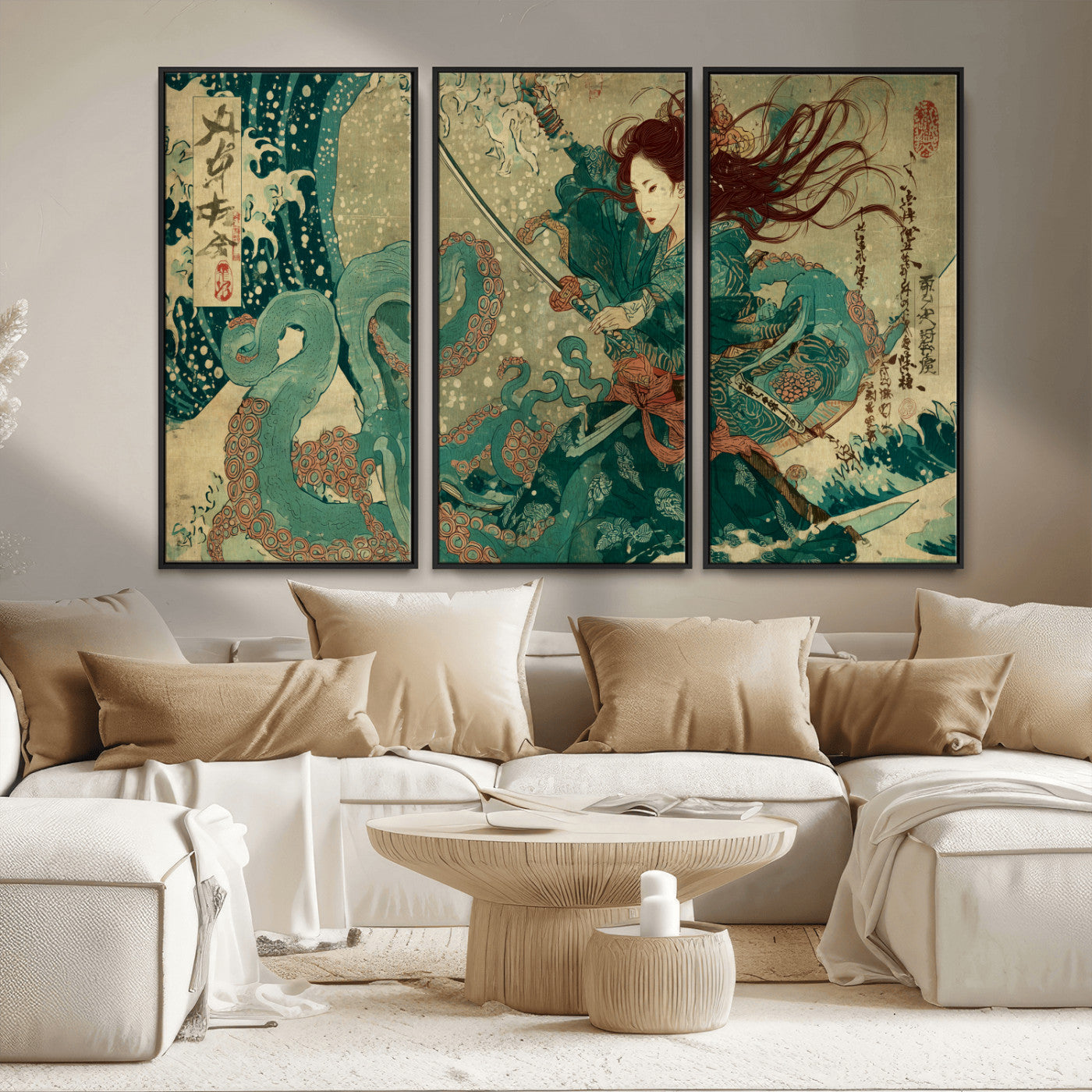 Tsukioka Yoshitoshi Samurai Wall Art Print, Japanese Katana Warrior Canvas Wall Art, Octopus Sea Monster Canvas Print,