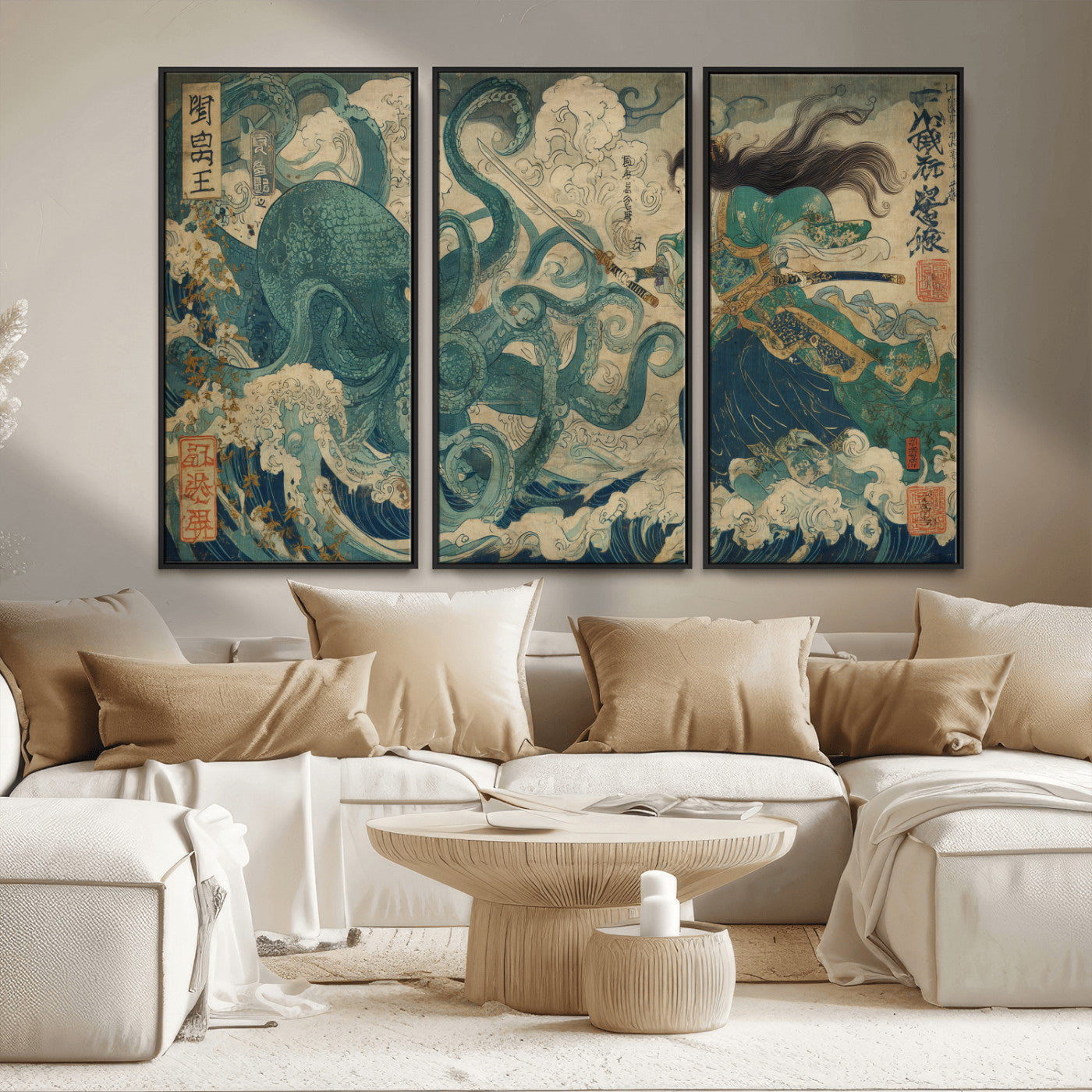 Tsukioka Yoshitoshi Samurai Wall Art Print, Japanese Katana Warrior Canvas Wall Art, Octopus Sea Monster Canvas Print,