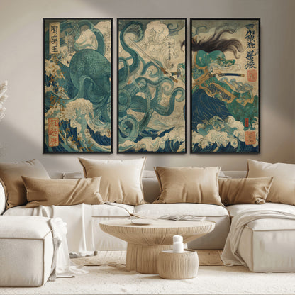 Tsukioka Yoshitoshi Samurai Wall Art Print, Japanese Katana Warrior Canvas Wall Art, Octopus Sea Monster Canvas Print,