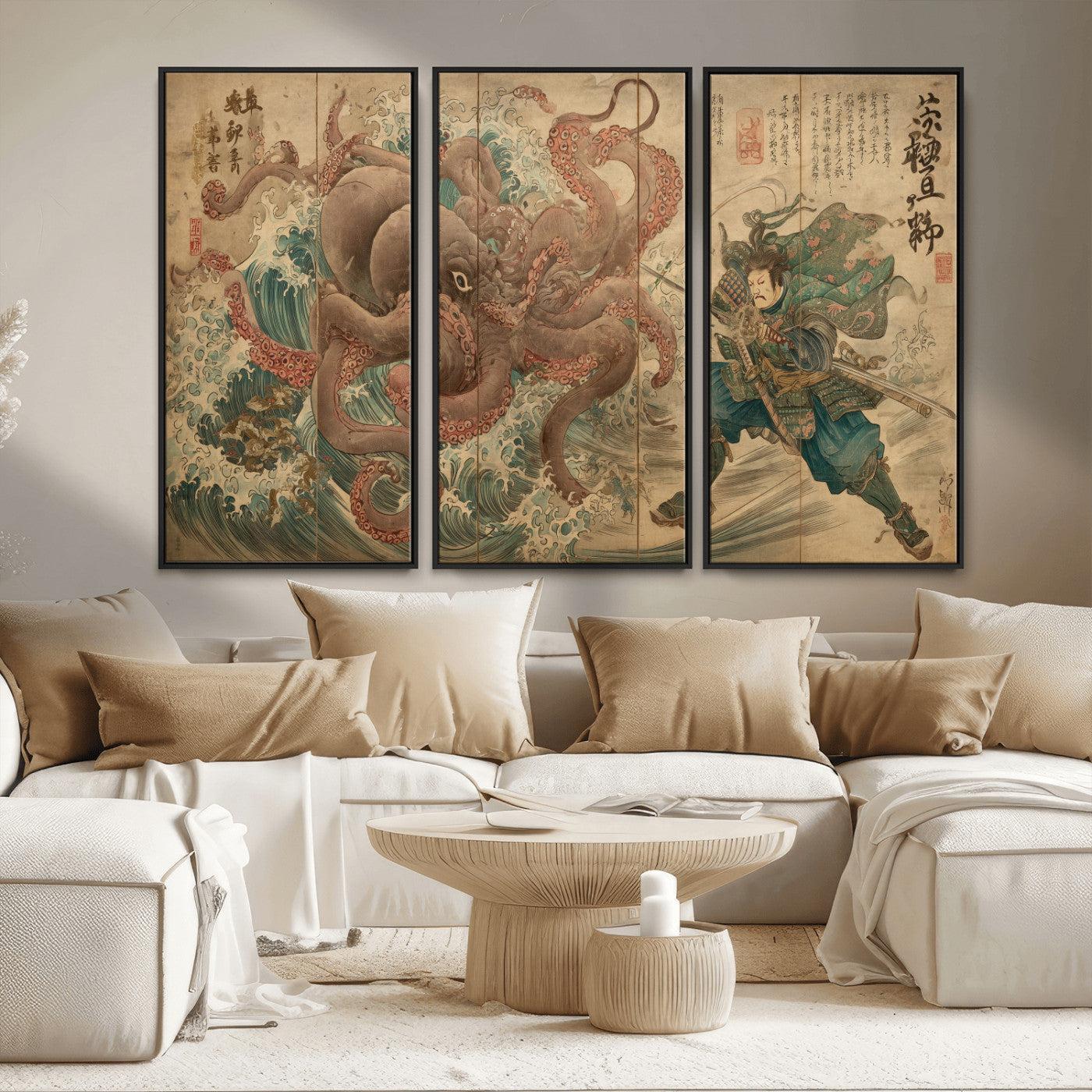 Tsukioka Yoshitoshi Samurai Wall Art Print, Japanese Katana Warrior Canvas Wall Art, Octopus Sea Monster Canvas Print,