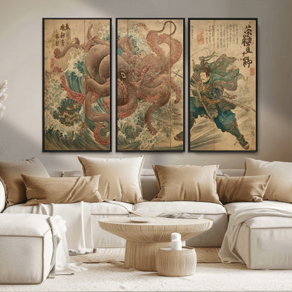 Tsukioka Yoshitoshi Samurai Wall Art Print, Japanese Katana Warrior Canvas Wall Art, Octopus Sea Monster Canvas Print,