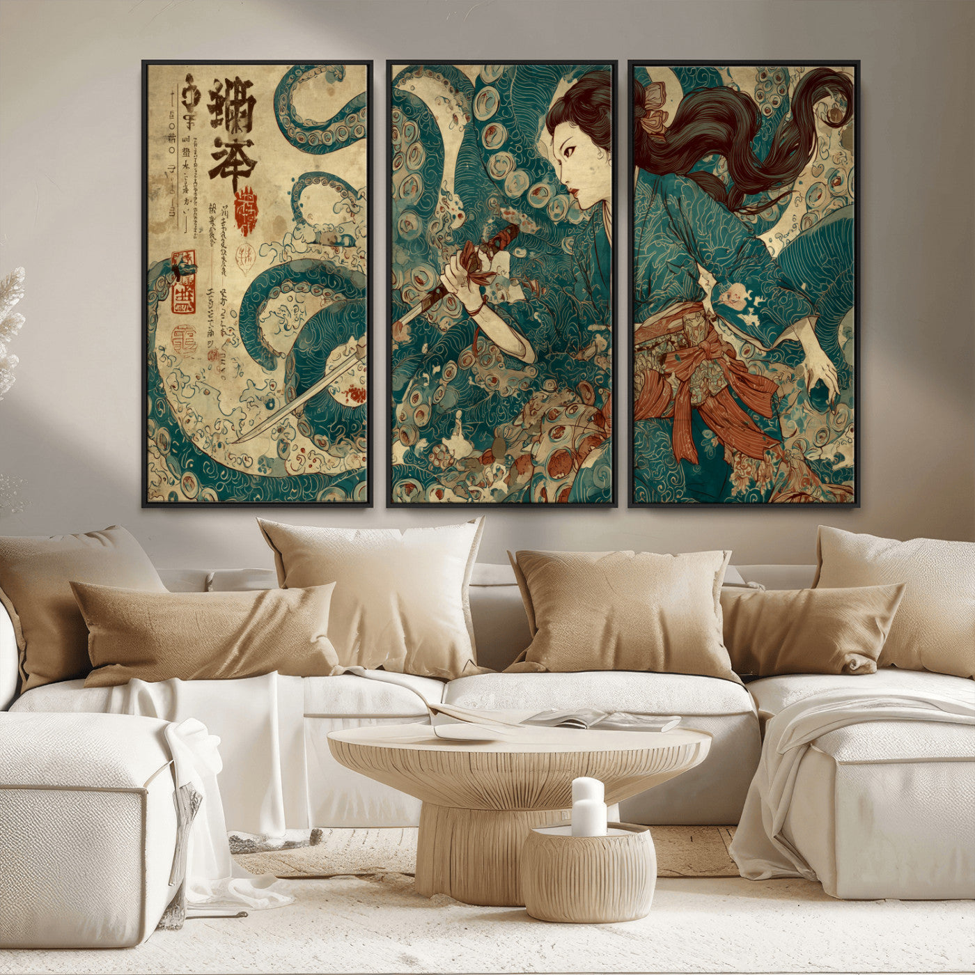 Tsukioka Yoshitoshi Samurai Wall Art Print, Japanese Katana Warrior Canvas Wall Art, Octopus Sea Monster Canvas Print,