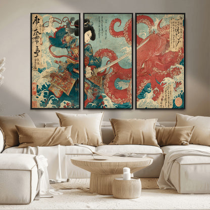 Tsukioka Yoshitoshi Samurai Wall Art Print, Japanese Katana Warrior Canvas Wall Art, Octopus Sea Monster Canvas Print,