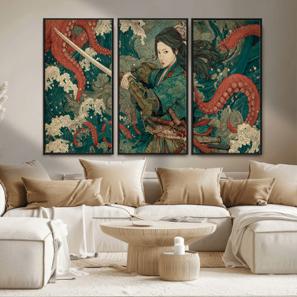 Tsukioka Yoshitoshi Samurai Wall Art Print, Japanese Katana Warrior Canvas Wall Art, Octopus Sea Monster Canvas Print,