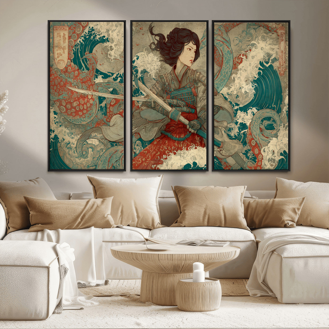 Tsukioka Yoshitoshi Samurai Wall Art Print, Japanese Katana Warrior Canvas Wall Art, Octopus Sea Monster Canvas Print,