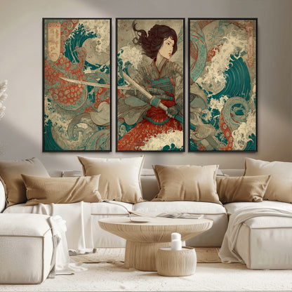 Tsukioka Yoshitoshi Samurai Wall Art Print, Japanese Katana Warrior Canvas Wall Art, Octopus Sea Monster Canvas Print,