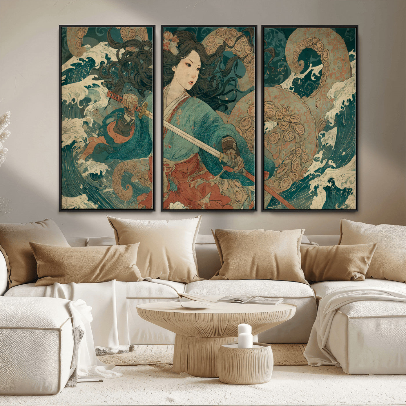 Tsukioka Yoshitoshi Samurai Wall Art Print, Japanese Katana Warrior Canvas Wall Art, Octopus Sea Monster Canvas Print,
