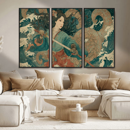 Tsukioka Yoshitoshi Samurai Wall Art Print, Japanese Katana Warrior Canvas Wall Art, Octopus Sea Monster Canvas Print,