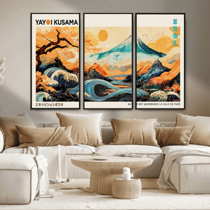 Modern Japanese-style art print featuring a stylized Mount Fuji, flowing waves, and vibrant landscapes in bold colors, inspired by traditional and contemporary aesthetics.