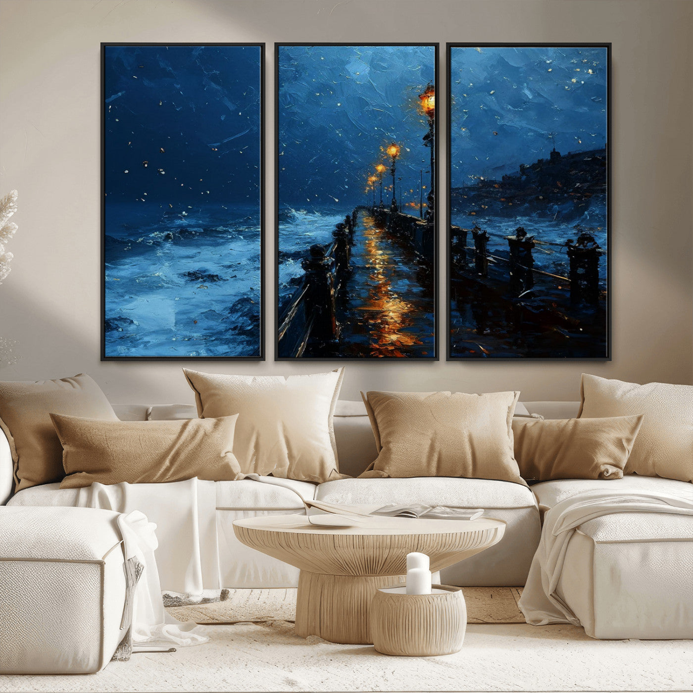 "Impressionistic painting of a rainy pier at night with glowing street lamps reflecting on the wet surface, ocean waves crashing under a dark blue sky."
