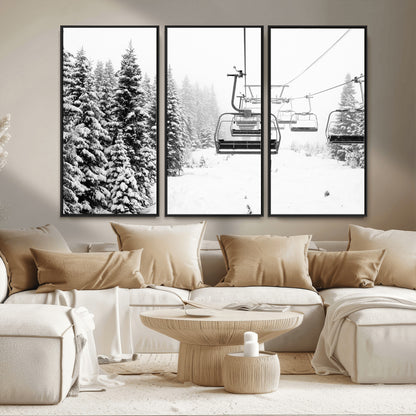 Black and white canvas of empty ski lifts over a snowy pine forest, perfect for minimal winter or ski lodge-inspired decor.