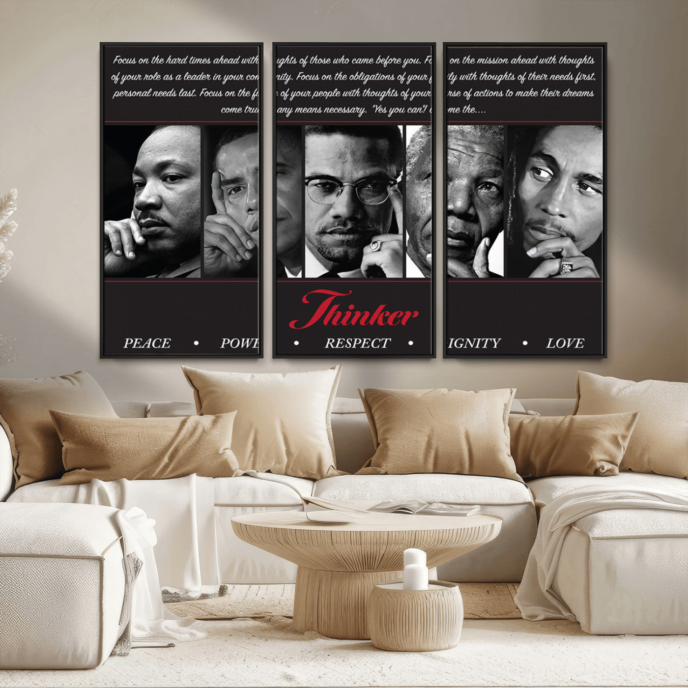 Monochrome canvas of iconic Black leaders with a powerful quote, perfect for modern spaces with a cultural or motivational theme.