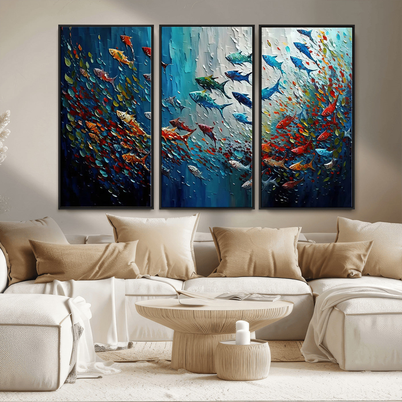 Colorful painting of fish swimming in abstract ocean swirls, perfect for vibrant marine-themed or expressive coastal home decor.