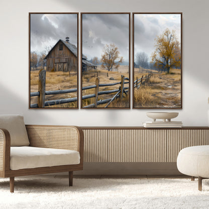 A tranquil rural scene featuring a rustic barn, overcast skies, and golden fields with scattered trees, evoking a sense of peaceful solitude in nature.