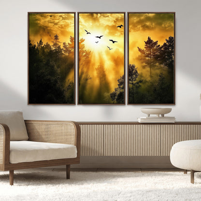 Canvas of a golden forest at sunset with birds flying through glowing sunbeams and silhouetted pine trees, ideal for warm-toned rustic decor.