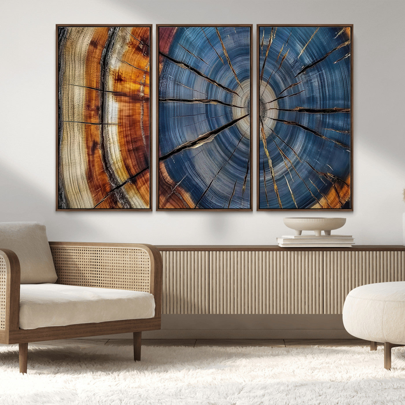 A stunning close-up view of a tree trunk, showcasing the intricate growth rings in a vibrant mix of warm browns, cool blues, and hints of natural texture.