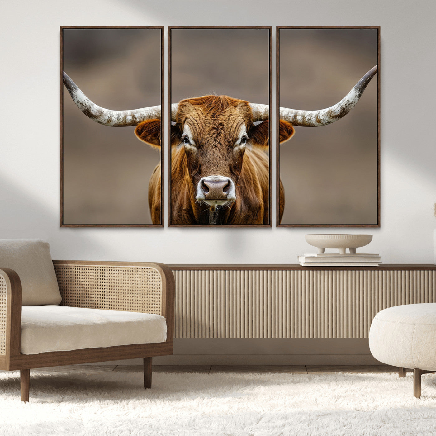 Close-up of a Texas Longhorn with strong curved horns and warm brown tones, perfect for rustic or western-style wall decor.