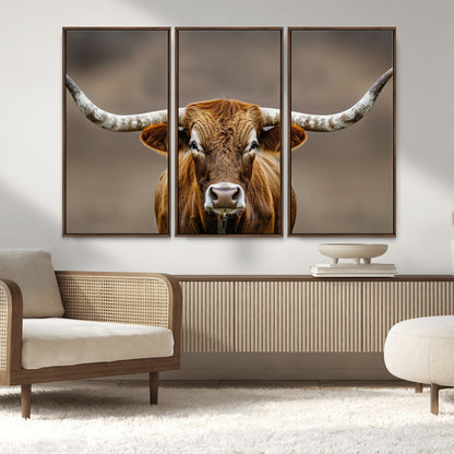Close-up of a Texas Longhorn with strong curved horns and warm brown tones, perfect for rustic or western-style wall decor.