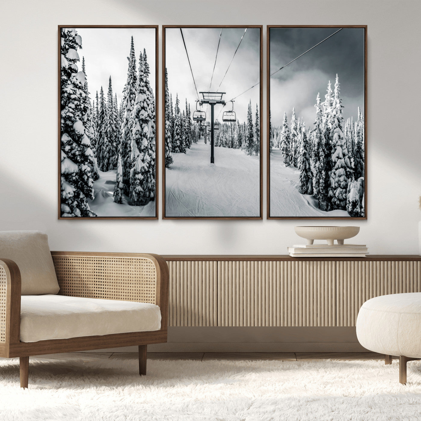Canvas of a snowy ski lift scene through a forest of tall pine trees, ideal for moody winter or alpine-themed home decor.