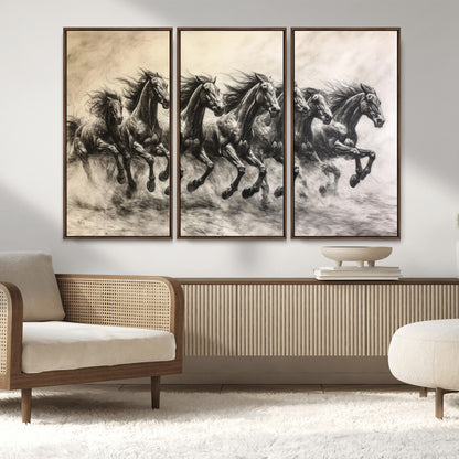 Monochrome drawing of a herd of galloping horses, perfect for dynamic and wild-themed decor in any equestrian or nature-inspired room.