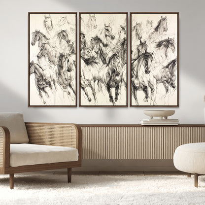 Monochrome ink sketch of galloping horses in dynamic motion, perfect for western or equine-themed wall decor with bold artistic energy.