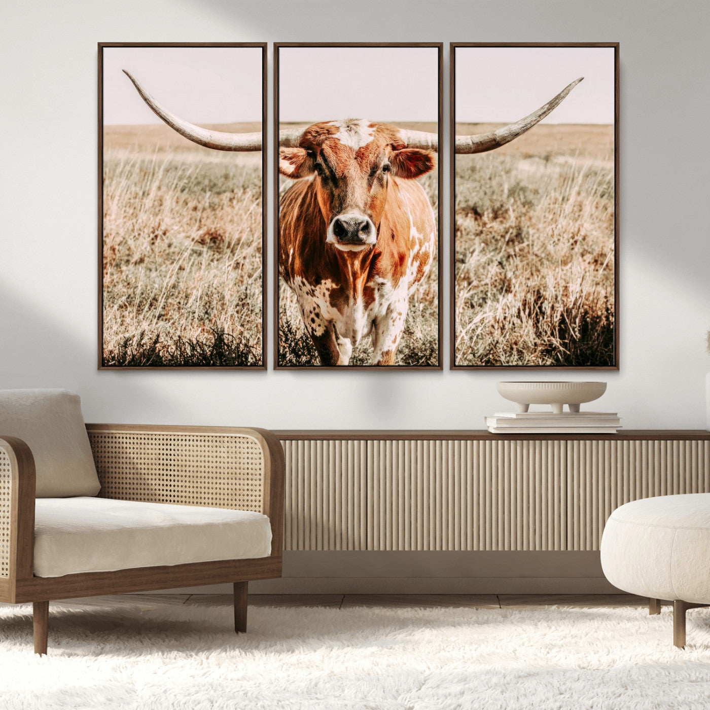 Framed longhorn cow canvas wall art with rustic prairie background, western animal print perfect for farmhouse or ranch style decor