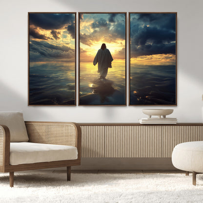 Spiritual artwork of Jesus walking on water at golden hour with divine light, ideal for Christian home decor or prayer room.