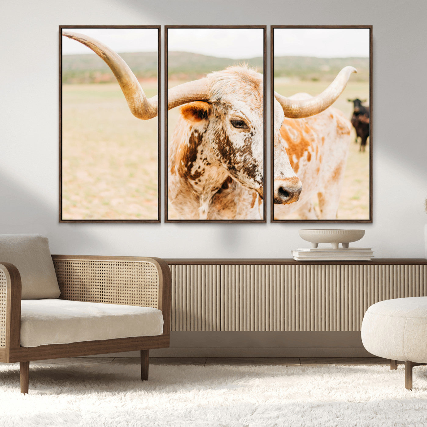 Close-up of a speckled Texas Longhorn in warm prairie tones, perfect for rustic western or countryside-themed room decor.