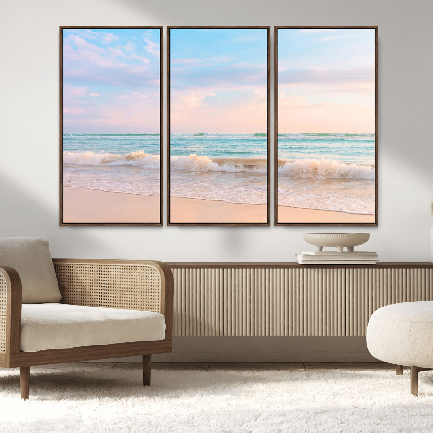Pastel-toned ocean waves under soft sunset skies, ideal for pastel coastal or serene beach-style home decor.