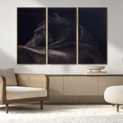 Close-up of a black horse with dramatic lighting on a dark background, perfect for rustic or masculine home decor.