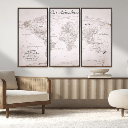 Customize Push Pin World Map Wall Canvas Print – Personalized Travel Map with Foam Pins – Framed Custom Quotie Canvas for Home Office Decor