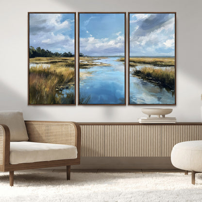 A beautiful, painterly landscape of a calm river winding through a marsh, with vibrant green grasses and a bright blue sky filled with fluffy clouds.