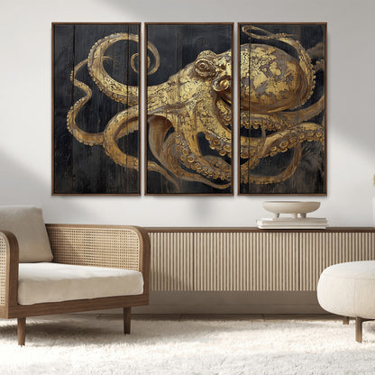 A detailed gold illustration of an octopus on black wooden planks, showing its intricate tentacles and textured skin in an artistic style.