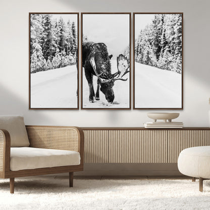 A majestic moose grazing in the snow-covered wilderness, surrounded by snow-covered trees, creating a peaceful winter scene.