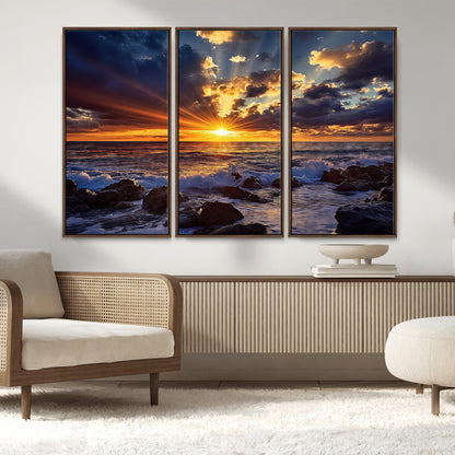 An explosive sunset over the ocean with dramatic clouds and rays of sunlight reflecting off the water, creating a vibrant and captivating view.