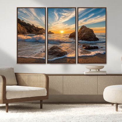 Rocky Ocean Sunset Wall Art Print, Seaside Canvas Wall Art, Dramatic Seascape Canvas Print for Coastal Modern Decor, Ocean Sunset Art Printing