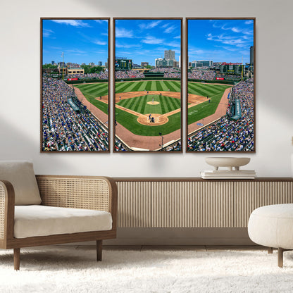 Wrigley Field Baseball Stadium Canvas Wall Art, Packed Crowd Sports Stadium Print, City Skyline Baseball Field Canvas for Game Room Decor