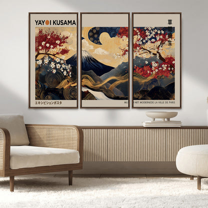 Yayoi Kusama's artwork featuring Mount Fuji, blooming cherry trees, and intricate swirls, blending traditional Japanese elements with vibrant color.