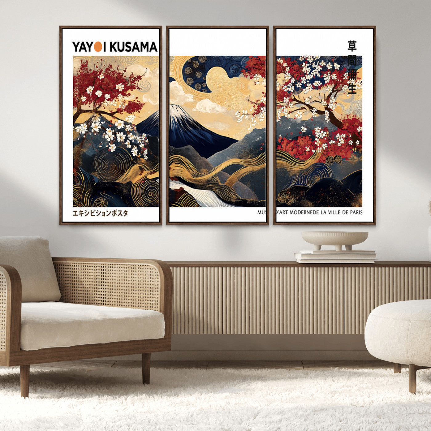 An artwork by Yayoi Kusama featuring Mount Fuji, blooming cherry blossoms, and swirling patterns in a harmonious blend of nature and art.