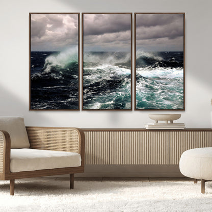 Powerful ocean waves crashing under stormy skies, creating a dynamic and intense seascape.