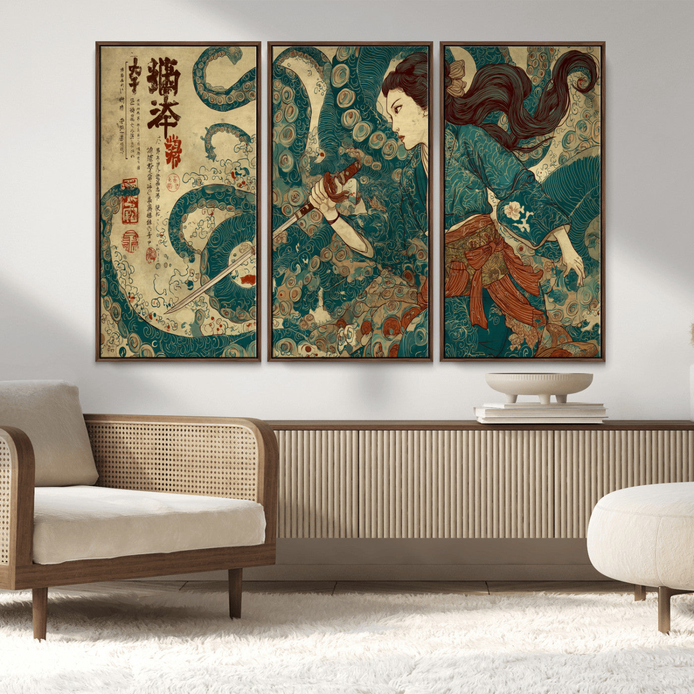 Tsukioka Yoshitoshi Samurai Wall Art Print, Japanese Katana Warrior Canvas Wall Art, Octopus Sea Monster Canvas Print,