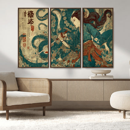Tsukioka Yoshitoshi Samurai Wall Art Print, Japanese Katana Warrior Canvas Wall Art, Octopus Sea Monster Canvas Print,