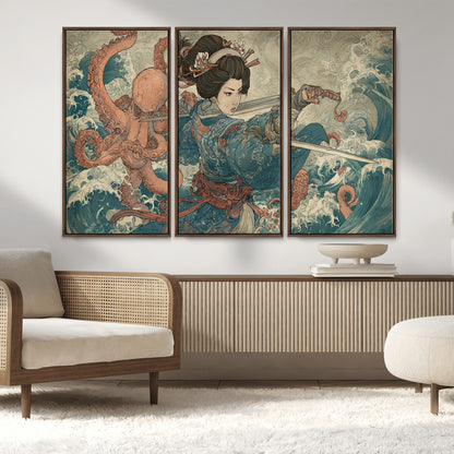Tsukioka Yoshitoshi Samurai Wall Art Print, Japanese Katana Warrior Canvas Wall Art, Octopus Sea Monster Canvas Print,
