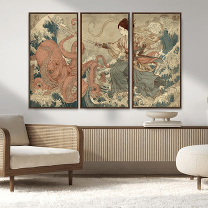 Tsukioka Yoshitoshi Samurai Wall Art Print, Japanese Katana Warrior Canvas Wall Art, Octopus Sea Monster Canvas Print,