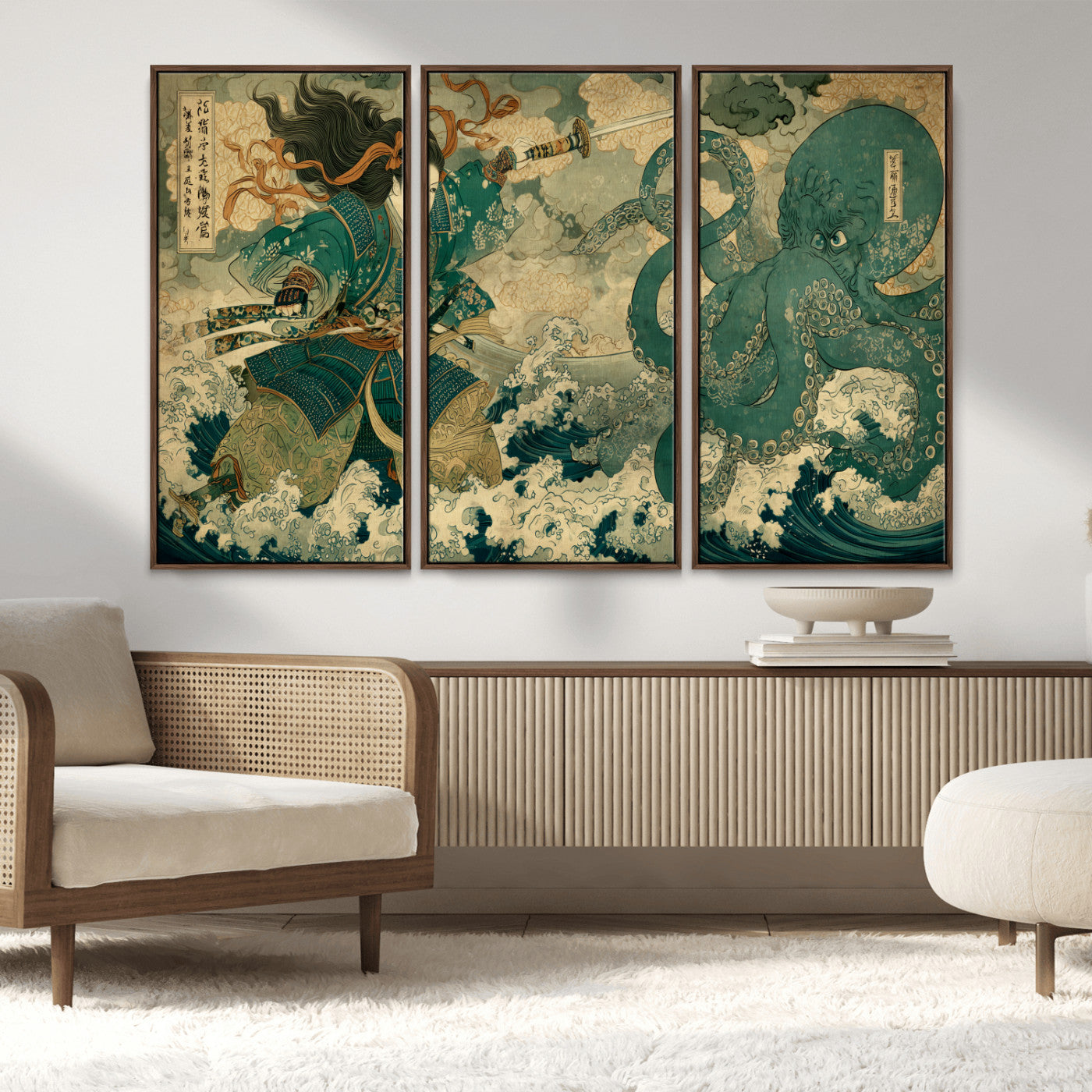 Tsukioka Yoshitoshi Samurai Wall Art Print, Japanese Katana Warrior Canvas Wall Art, Octopus Sea Monster Canvas Print,