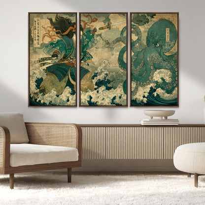 Tsukioka Yoshitoshi Samurai Wall Art Print, Japanese Katana Warrior Canvas Wall Art, Octopus Sea Monster Canvas Print,
