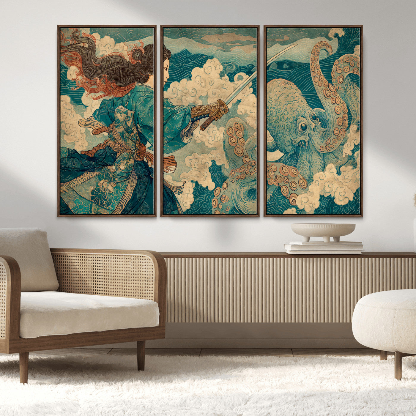 Tsukioka Yoshitoshi Samurai Wall Art Print, Japanese Katana Warrior Canvas Wall Art, Octopus Sea Monster Canvas Print,