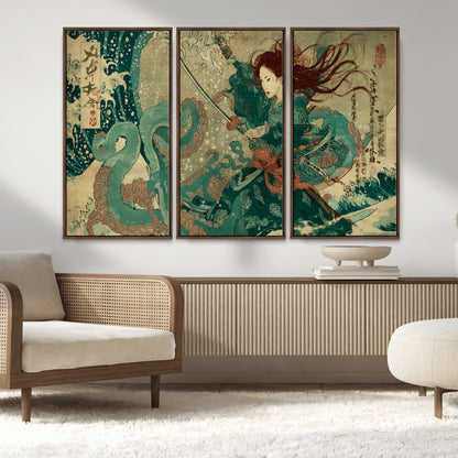 Tsukioka Yoshitoshi Samurai Wall Art Print, Japanese Katana Warrior Canvas Wall Art, Octopus Sea Monster Canvas Print,