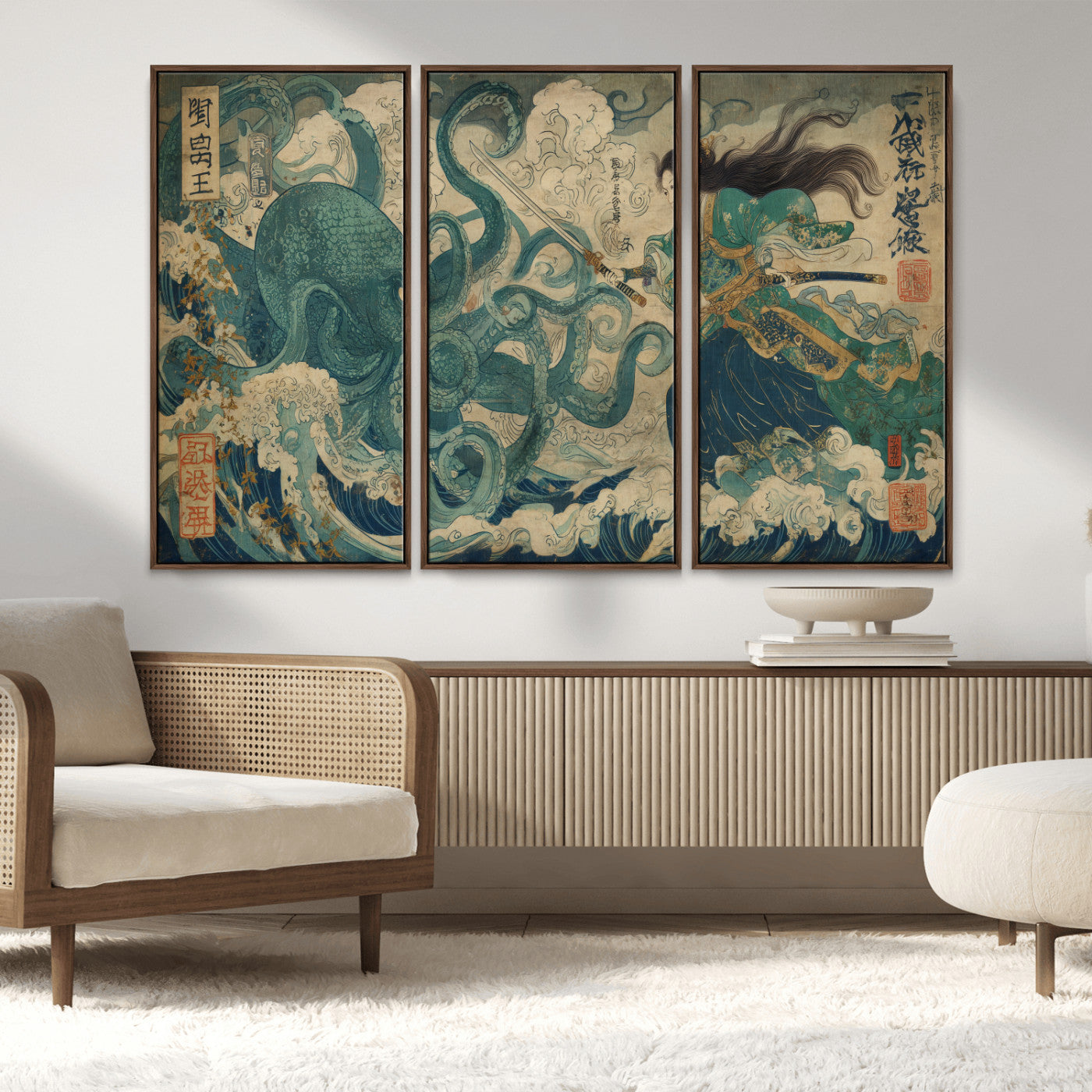 Tsukioka Yoshitoshi Samurai Wall Art Print, Japanese Katana Warrior Canvas Wall Art, Octopus Sea Monster Canvas Print,