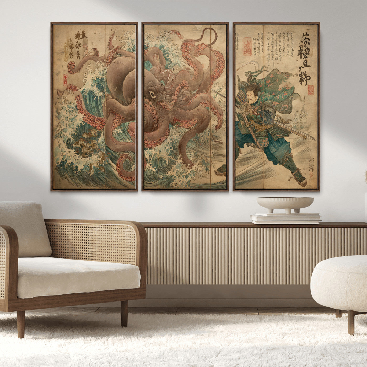 Tsukioka Yoshitoshi Samurai Wall Art Print, Japanese Katana Warrior Canvas Wall Art, Octopus Sea Monster Canvas Print,